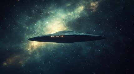 Poster - A large, alien shaped spacecraft is flying through the sky above a vast