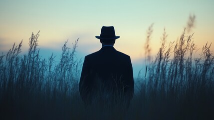 Canvas Print - A man in a hat stands in a field of tall grass