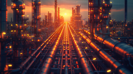 Industrial factory with complex piping networks of an oil refinery, smokestacks emitting steam