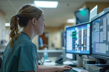 Registered nurse reviews patient charts on a computer monitor at nursing station