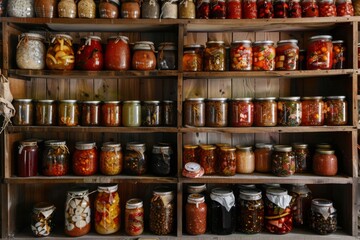 Shelves of homemade preserves and canned goods