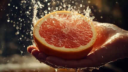 Hand splashing water over a juicy, freshly cut grapefruit half, emphasizing freshness