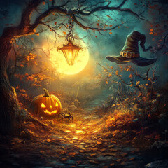 scary black pumpkin with hat in dark night and big moon background