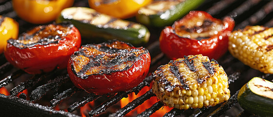 Poster - Grilled Vegetables Style: Colorful Medley Setting: Vibrant Summer BBQ Composition: A close-up of a colorful assortment of grilled vegetables