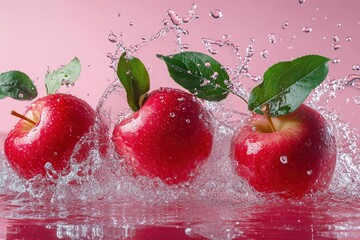 Wall Mural - Juicy red apples with vibrant green leaves making a splash in water, creating a dynamic and refreshing scene on a pink background with generative ai