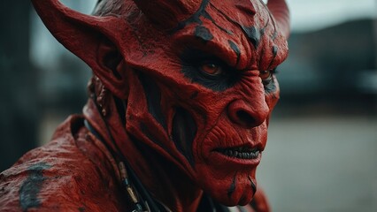 A fierce demon character with striking red skin and black markings