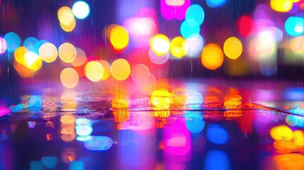 Wall Mural - Neon lights and reflections on a wet city street at night, creating an abstract background with blurred bokeh.