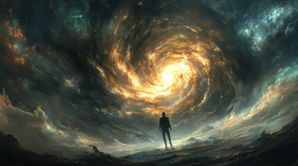Wall Mural - A man stands in the middle of a swirling galaxy