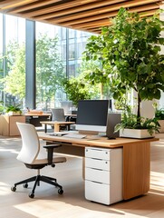 Poster - Modern Office Workspace with Green Plants and Natural Light.