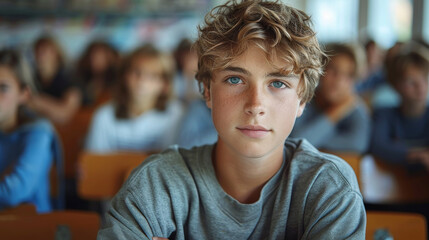 A student with freckles in class during a lecture against the backdrop of classmates. Background for design.