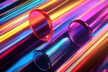 Abstract Neon Lights, Colorful Cylinders, Shiny Surface