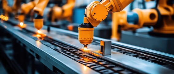 Robot arms in auto manufacturing production line, futuristic technology concept