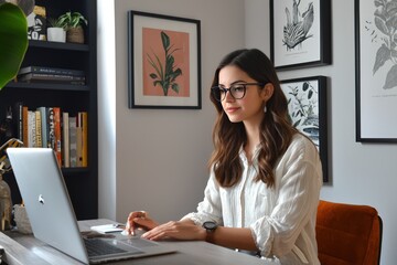 Sleek Home Office Design Featuring minimalist decor, a young professional woman manages her online business from a stylish home office, embodying the essence of modern entrepreneurship.