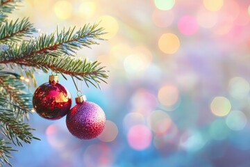 Wall Mural - Merry Christmas and Happy New Year. Festive bright beautiful background. Christmas decorations on a spruce branch with colorful bokeh background with generative ai