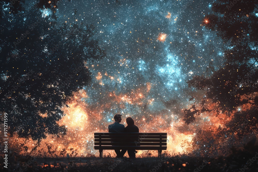 Stargazing Romance A couple enjoys a romantic evening under the stars ...
