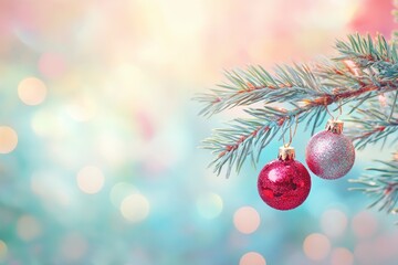 Wall Mural - Merry Christmas and Happy New Year. Festive bright beautiful background. Christmas decorations on a spruce branch with colorful bokeh background with generative ai