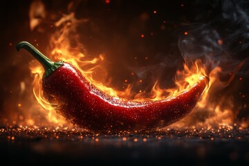 Wall Mural - Delicious smoky red hot pepper isolated on dark background. Bright red hot chili pepper covered in water droplets with smoke curling around it and flames behind it. Flaming red hot pepper.