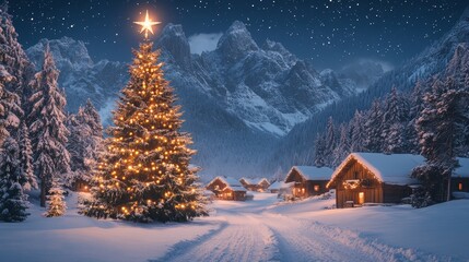 Majestic Christmas tree in snowy mountain landscape at dusk

