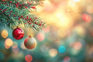 Wall Mural - Merry Christmas and Happy New Year. Festive bright beautiful background. Christmas decorations on a spruce branch with colorful bokeh background with generative ai