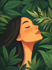 Wall Mural - illustration of a woman amongst green leaves smelling the soothing and pleasant scent of a herbal plant, being relaxed and calm