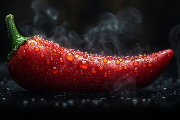 Wall Mural - Delicious smoky red pepper, isolated on dark background. A vibrant red chili pepper covered in water droplets, with wisps of smoke curling around it.
