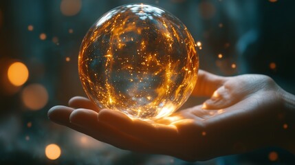 Poster - a hand holding a glowing orb filled with sparkling golden particles in a mystical setting