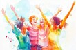 © Muneer - Watercolor illustration of friends from diverse backgrounds, sharing joyous moments together.