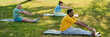 © pressmaster - Banner of active elderly intercultural men and woman doing stretching exercise on green lawn on sunny summer day