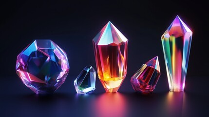Poster - Colorful crystals displaying various shapes and sizes arranged on a dark background, reflecting light in vibrant patterns