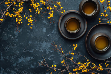 Wall Mural - A minimalist flat lay of a traditional Chinese tea set, with yellow berries and branches on the side, against a dark background. The focus is sharp and centered, capturing the essence of Asian culture