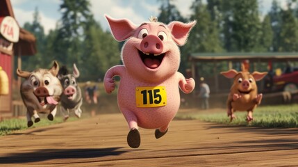 A pig cartoon character running a race, wearing a number on its chest and competing with other animals.