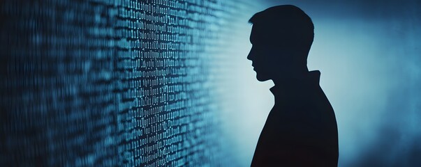 Poster - Silhouette of a person against a backdrop of digital code, illustrating themes of technology and data analysis.