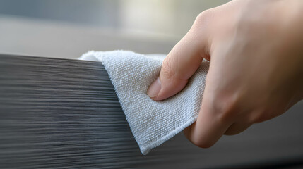 Wall Mural - A close-up of a hand dusting a shelf with a soft cloth, removing dust from delicate items. Hobbies and home cleaning concept.