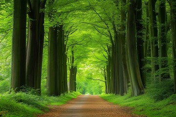 Walkway in a green spring beech forest in Leuven, Belgium. Beautiful natural tunnel. Atmospheric landscape. Eco tourism, travel destinations, environmental conservation, pure nature