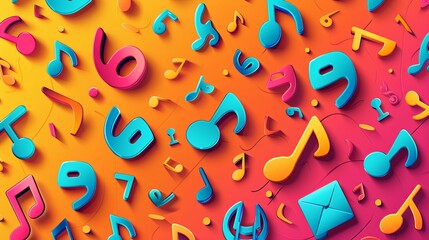 Wall Mural - Colorful Musical Notes Scattered on Vibrant Background