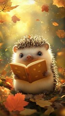 Poster - A hedge is reading a book in the leaves