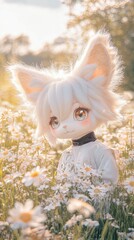 Wall Mural - A cat doll sitting in a field of daisies