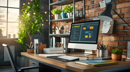 Poster - Modern Home Office Desk with Computer and Plants.