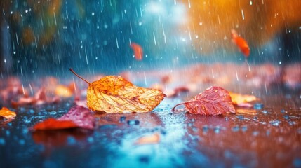 Poster - A close up of a leaf on a wet surface