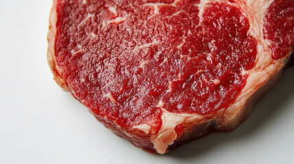 Detailed close-up of a raw meat steak with rich red color and marbled fat, isolated on a bright white background 