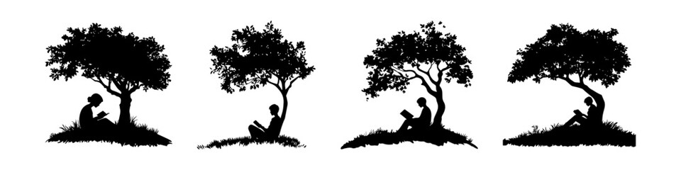  Set Black vector silhouette of a person reading a book under a tree isolated. Boy girl man woman reading a book under a big tree	
