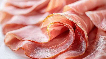 Wall Mural - Close-up of a fresh ham slice with detailed texture and natural color, isolated on a white background to capture its quality 