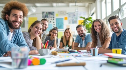 Wall Mural - enthusiastic team brainstorming in bright and modern workspace