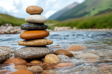 A pile of smooth river rocks stacked carefully by the waterâ€™s edge, with the current gently flowing around them