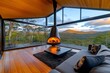 © Sanchai - A remote Tasmanian cabin, with a roaring fireplace inside and a panoramic view of the surrounding wilderness