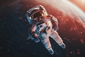 Wall Mural - Astronaut floating in space with Earth in the background, futuristic and awe-inspiring, cosmic perspective