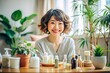 © onehourhappiness - Young Japanese Woman with Short Hair Enjoying Morning Skincare Routine in a Cozy Indoor Setting