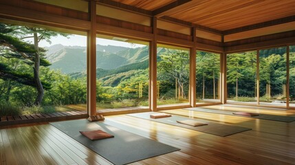 Wall Mural - Serene Yoga Studio with Mountain Views