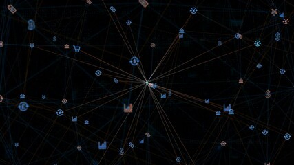 Poster - Motion graphic of Blue digital money icon linked on grid mesh and line connection on futuristic abstract background technology financial and cryptocurrency concept