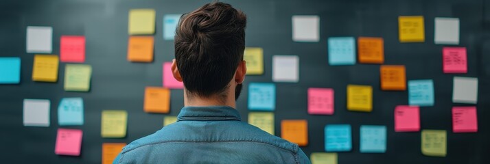 Wall Mural - man wearing a yellow sweater sitting in a modern office environment with coworkers working on computers in the background.